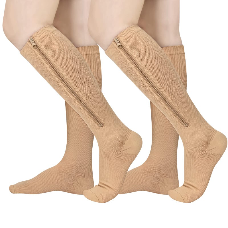 Athbavib 2 Pairs Zipper Compression Socks 1520 mmHg Closed Toe Compression Stocking with Zipper for Women and Men